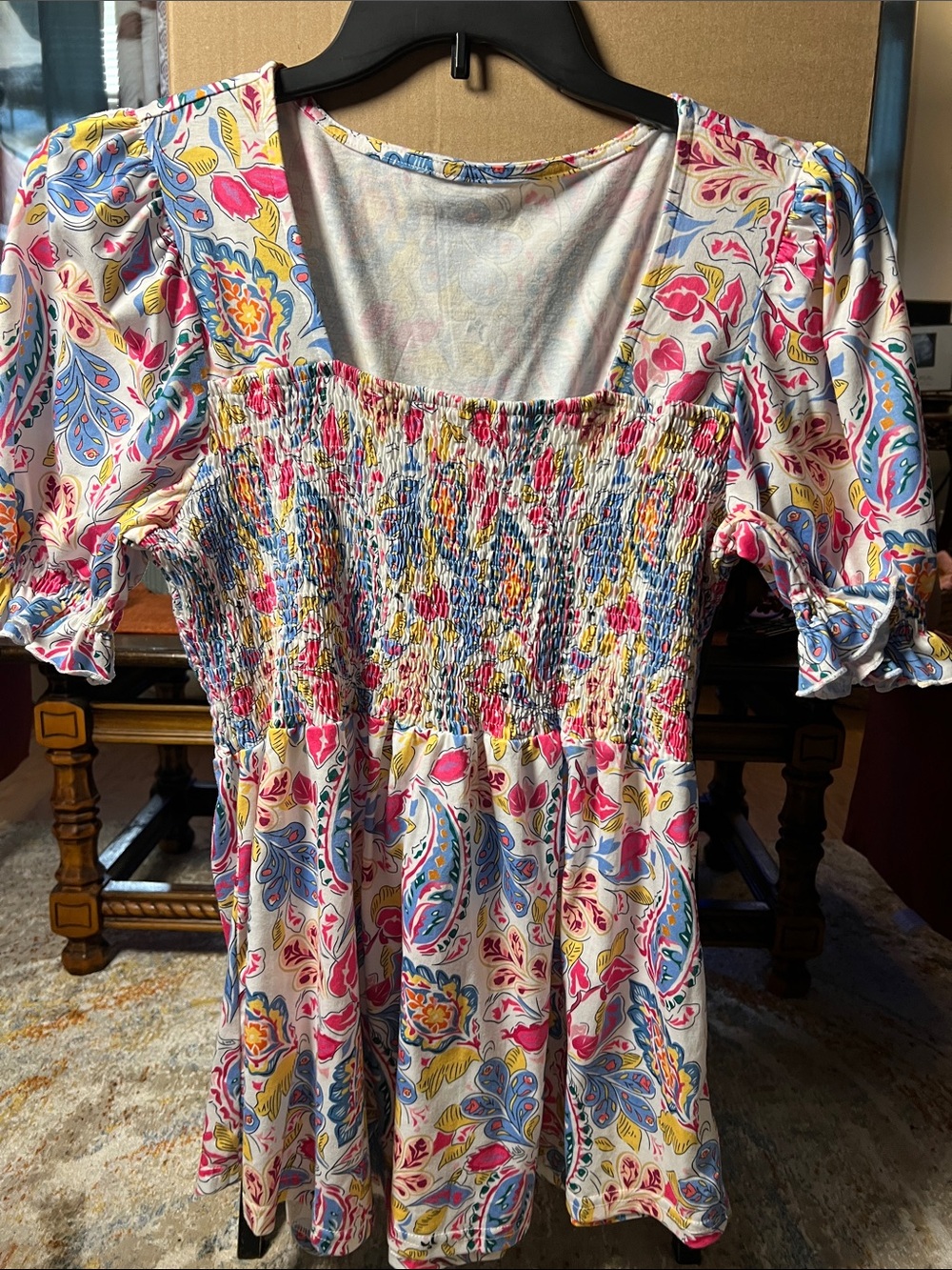 Floral Smocked Square-Neck Tunic Top - Pink, Blue & Yellow